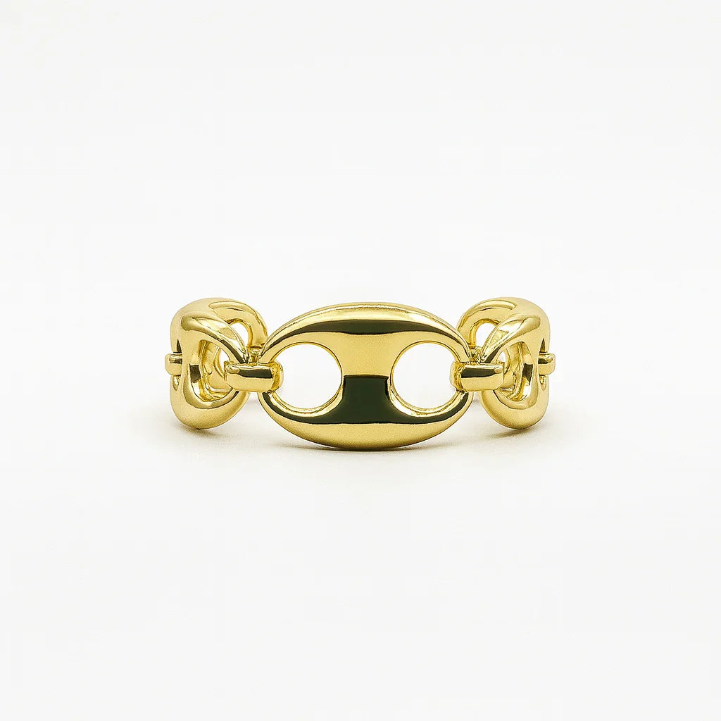 Gold chunky chain link ring on white background, modern jewelry accessory
